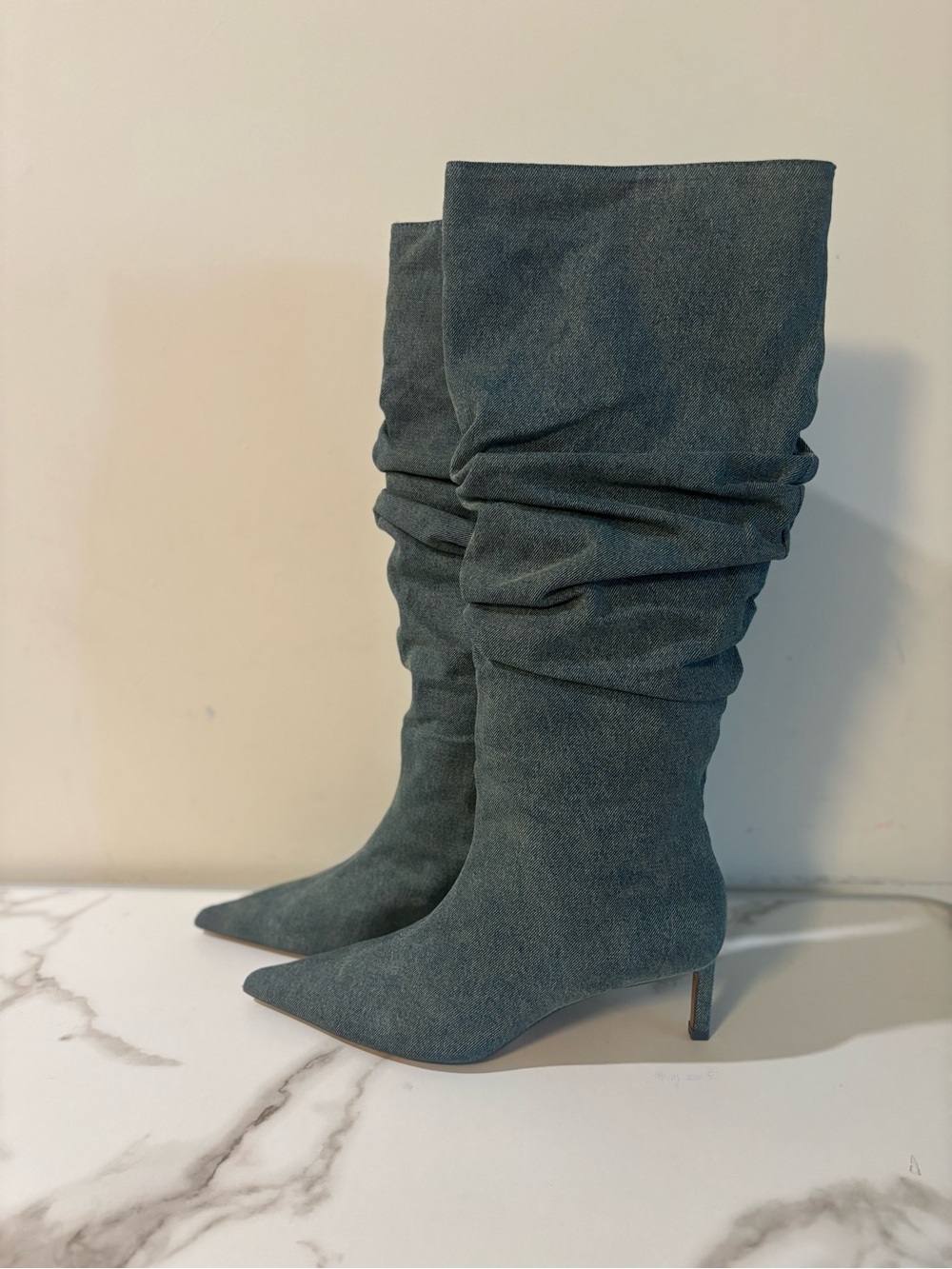 Zara Denim Slouchy Pointed-Toe Knee-High Heeled Boots